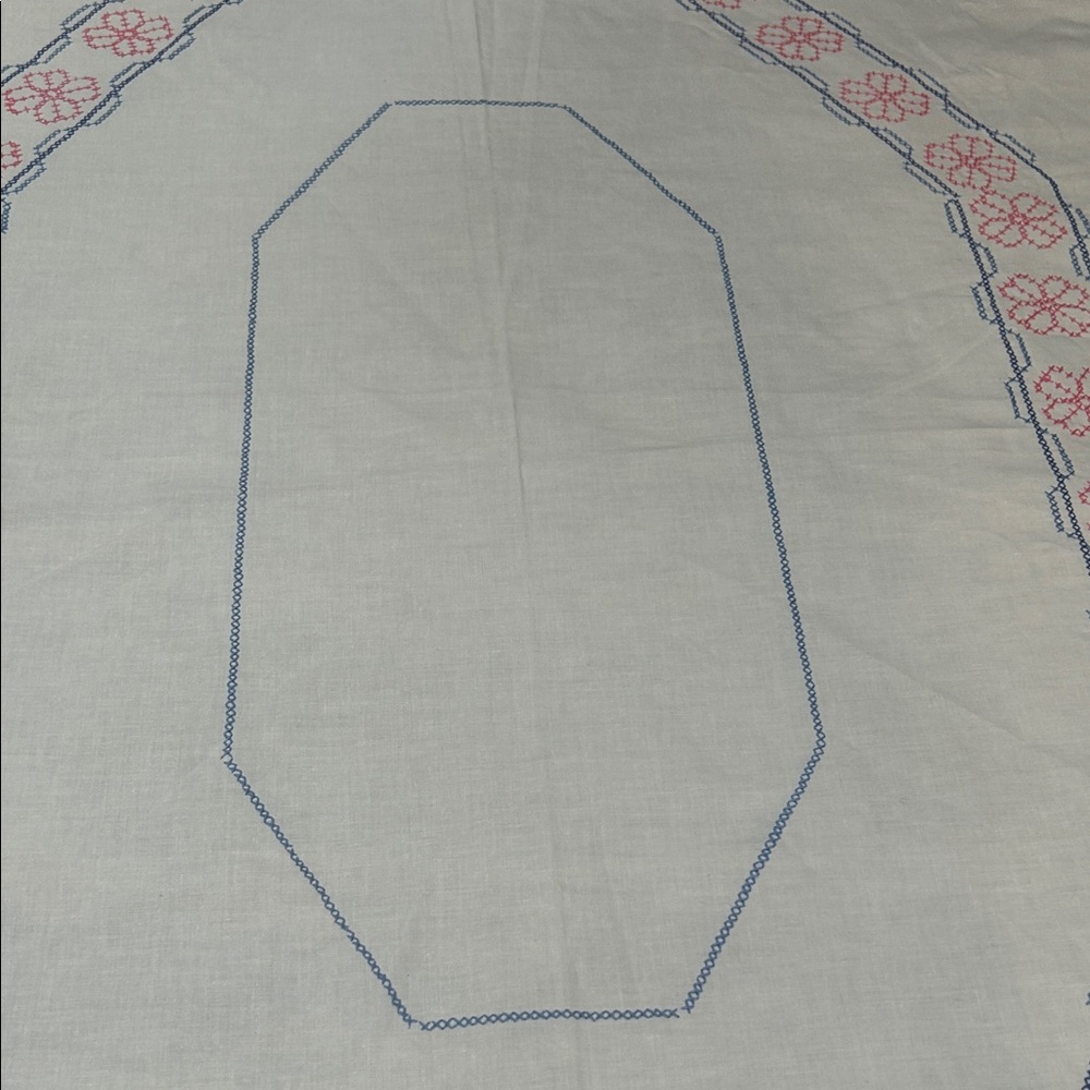 Embroidered Oval Tablecloth - White with Pink and Blue Accents - Picture 7 of 11